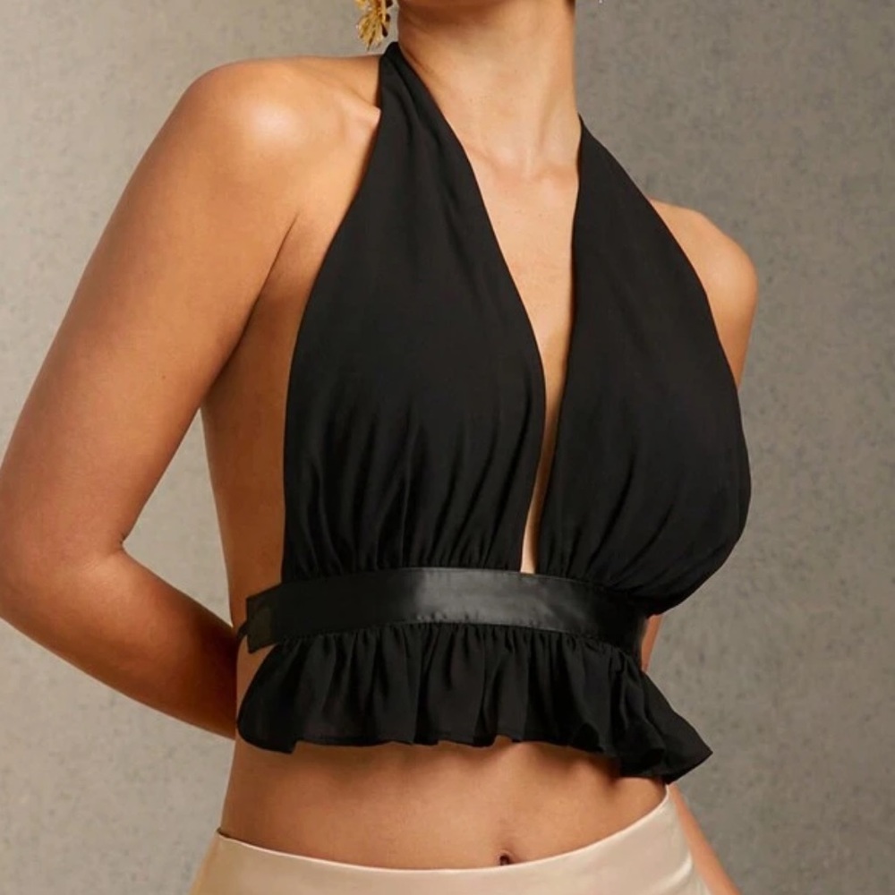 Black Halter Top with Ruffle Detail